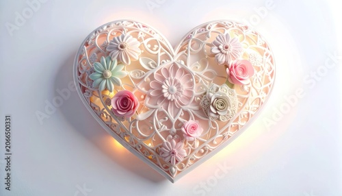 A delicate heart-shaped sculpture adorned with intricate lace-like patterns and pastel-colored flowers, illuminated by a warm glow from within.
