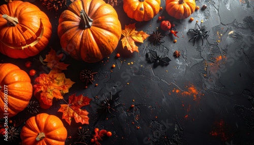 A festive Halloween arrangement featuring pumpkins, autumn leaves, and spooky decorations on a dark background.