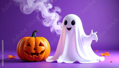 A cute ghost character and a carved pumpkin are depicted with wisps of smoke against a purple background, with a few fallen leaves scattered around.