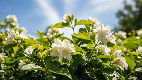 Beautiful white jasmine flowers blooming in a sunny garden under a blue sky