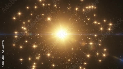 Golden light explosion with sparkling particles and glowing rays in deep space