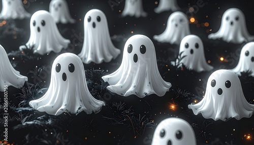 A spooky gathering of cute, white ghosts floats in a dark, eerie environment with faint orange lights.