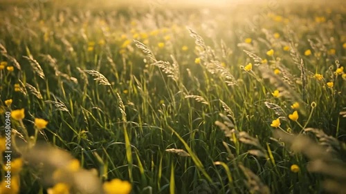 Golden sunset light illuminates a field of yellow wildflowers and tall green grass