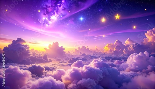 A breathtaking dreamscape unfolds with a vibrant purple and pink sky filled with stars and fluffy clouds.