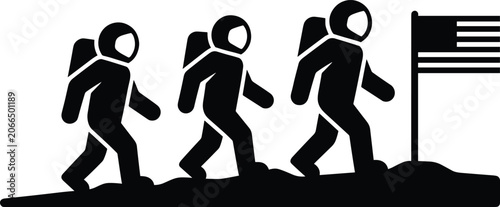 Quadro su tela Astronaut team walking on lunar surface near flag black silhouette icon vector i