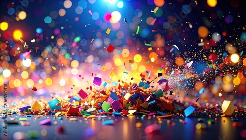 A vibrant explosion of colorful confetti and bokeh lights creates a festive and celebratory atmosphere.