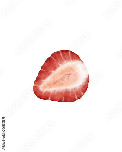 Hand painted watercolor strawberry slice isolated. for food packaging, menu design, recipe books, organic branding, kitchen decor, surface pattern design, textile prints, stationery, and botanical 