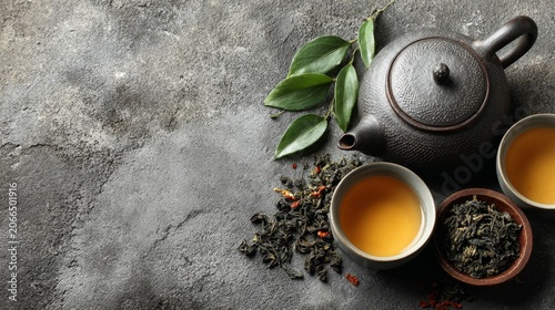 A rustic teapot and cups of golden tea rest on a textured gray background with fresh leaves and loose dried herbs.