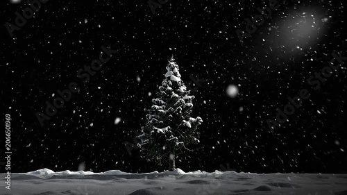 A solitary evergreen tree stands in a snowy field during a heavy night blizzard