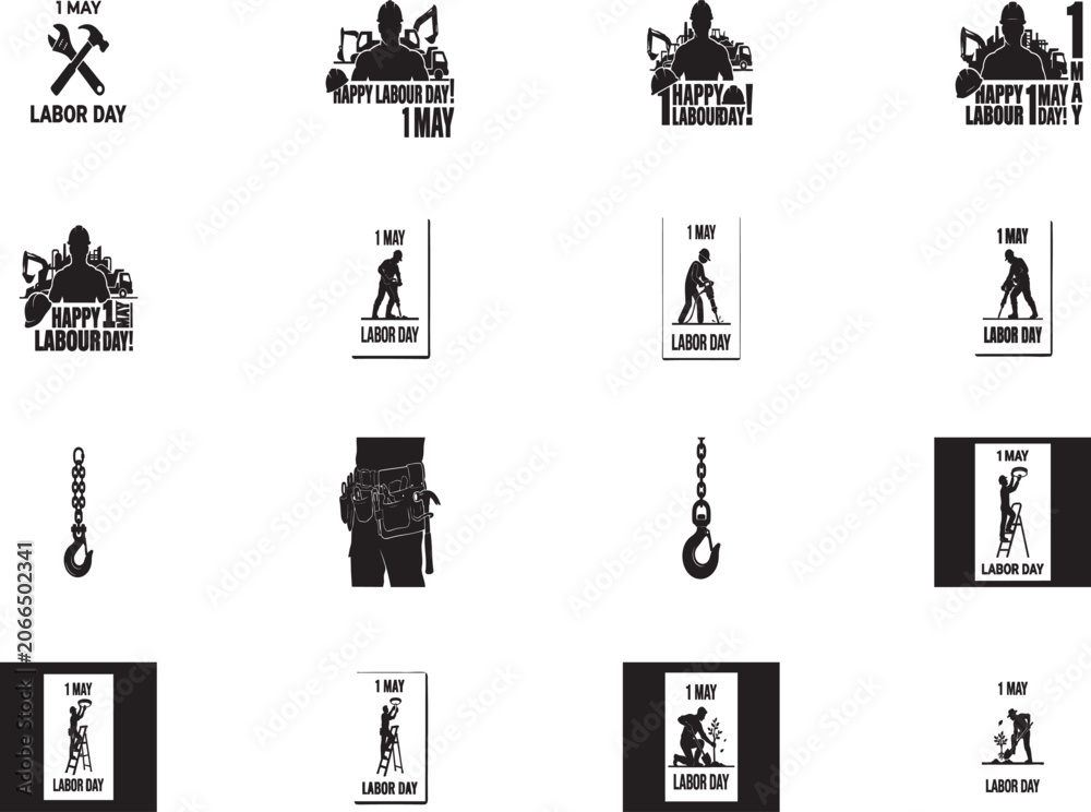 Fototapeta premium Black and white labor day icons and silhouettes