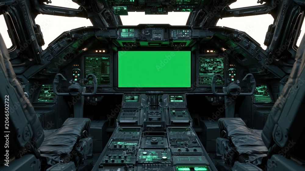 Fototapeta premium Futuristic spaceship cockpit with green screen monitor