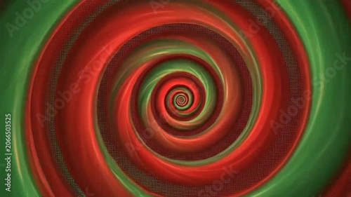 Abstract hypnotic spiral with vibrant red and green swirling patterns