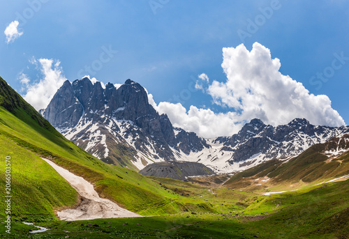 mountain landscape with blue sky stepantsminda,  caucasus, georgia,
