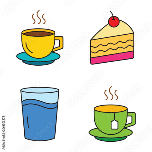Colorful beverage and dessert icon collection for restaurant branding.