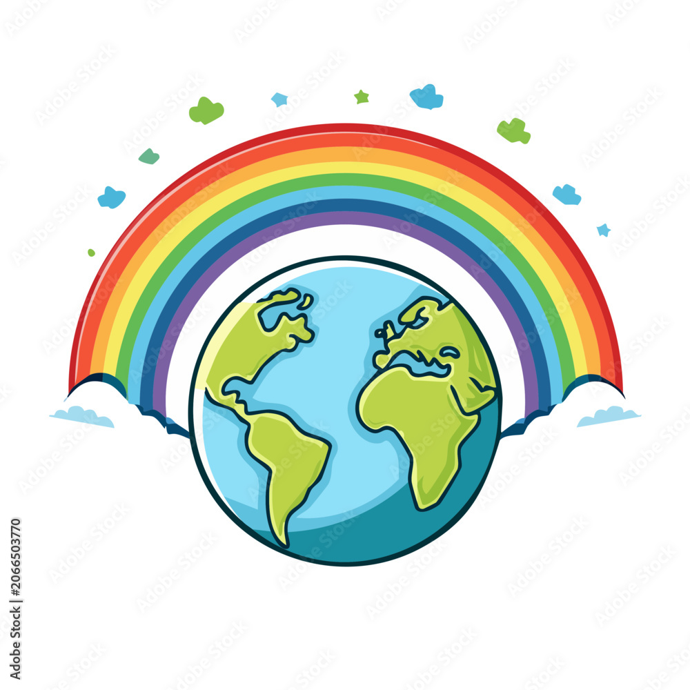Naklejka premium Cartoon Globe with Rainbow and Clouds