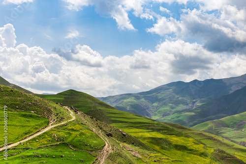 mountain landscape with clouds khinaliq, azerbaijan