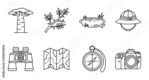 Fotografía African Safari Icons Set, Baobab Tree, Pith Helmet, Binoculars, Compass, Camera,