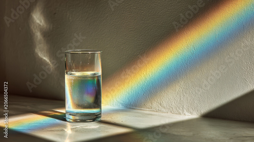 Glass of water on table creating prism rainbow on white wall creative lighting simple beauty
