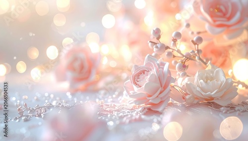 A soft focus, romantic scene featuring delicate pink roses adorned with bokeh lights and pearlescent accents.