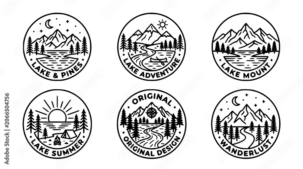 Fototapeta premium Emblems Adventure Badge Collection with Six Circular Vector Designs Featuring Mountains, Trees, and Playful Icons