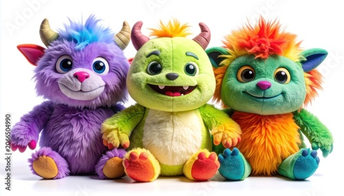 Three colorful and fuzzy monster plush toys are sitting side-by-side against a white background.