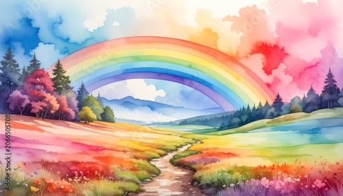 A vibrant watercolor landscape painting depicts a sweeping rainbow arching over rolling hills, a winding path, and colorful trees under a bright sky.