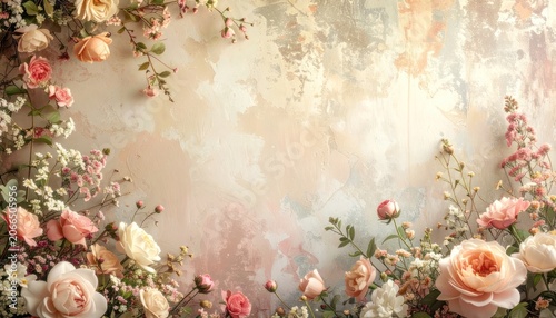 A romantic and soft floral arrangement with roses and delicate blooms against a textured, neutral background.