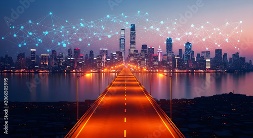 Smart city skyline at night with digital network connection lines and bridge