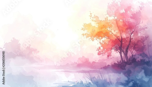 A soft watercolor painting depicts a tranquil landscape with a vibrant tree and a serene body of water.