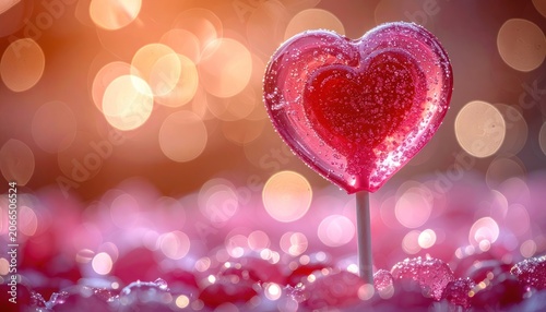 A close-up, macro shot of a red heart-shaped lollipop with sparkling water droplets on its surface, set against a soft bokeh background of warm orange and pink lights.