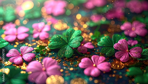 A close-up view of shimmering pink and green clover flowers scattered with gold glitter and bokeh.