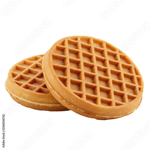 Two freshly baked, golden-brown American waffles with fluffy texture and crispy edges, isolated on a transparent background with a subtle drop shadow, concept for breakfast advertising