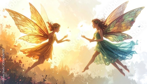Two ethereal fairies with large, translucent wings float towards each other in a sunlit, magical forest clearing.