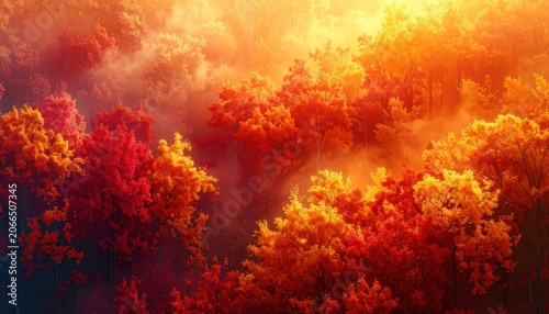 A dense forest canopy ablaze with the vibrant reds, oranges, and yellows of autumn, bathed in the warm glow of sunrise or sunset, with soft mist swirling between the trees.