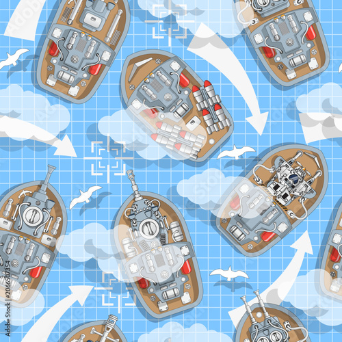 Combat ships at sea. Seamless pattern. On a blue background. Vector illustration.