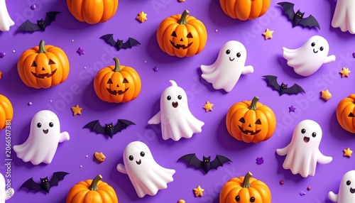 A playful Halloween pattern featuring smiling pumpkins, friendly ghosts, and bats against a purple background.