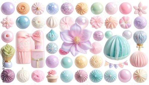 A delightful assortment of pastel-colored sweets and decorative items arranged in a grid.