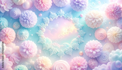 A pastel dreamscape filled with fluffy, flower-like ornaments and soft clouds.