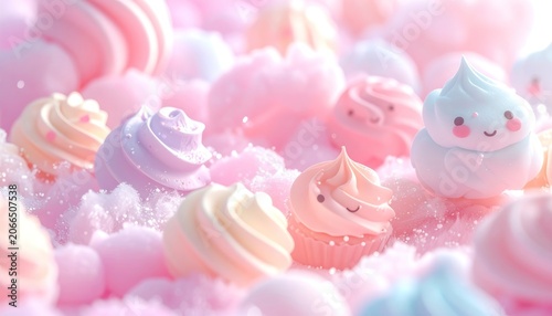 A delightful collection of pastel-colored sweets, resembling meringues and marshmallows, nestled amongst fluffy pink clouds.