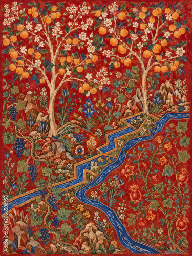 Traditional Armenian Apricot Orchard Art Print, Flat Illuminated Manuscript Painting for Heritage Organic Decor
