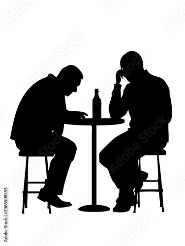 Two Depressed Men Drinking Alone at Bar Tables Vector Silhouette