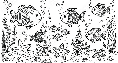 Underwater ocean fish coloring pages for kids and adults