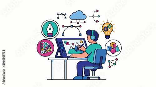 A man in headphones uses a computer with graphics and icons around