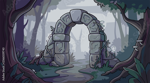 A mystical stone archway stands amidst a foggy forest, surrounded by trees