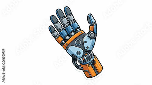 A robotic hand with orange and blue metallic components
