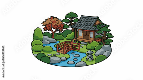 A serene cartoon scene of a house with a bridge over a stream