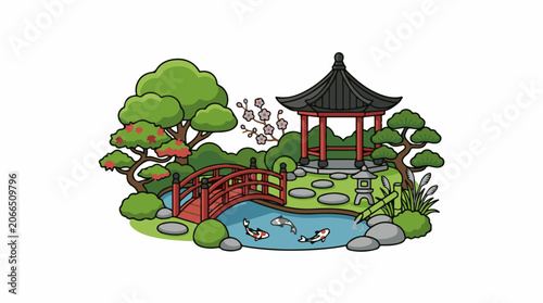 A serene Japanese garden scene features a pagoda, red bridge, and koi pond