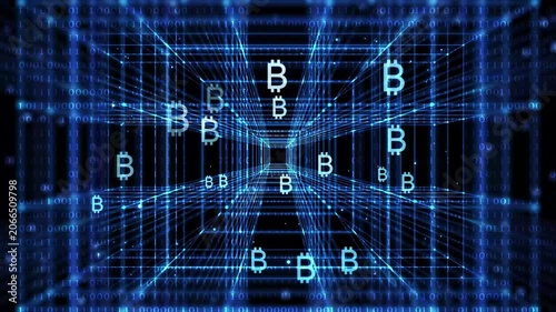 animated bitcoin signs on blue digital technology background with cube tunnel and binary code, btc symbols for illustration concept of cryptocurrency, mining, transaction and blockchain