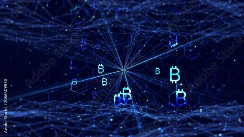 animated bitcoin signs on blue technology background with light rays, hexagon pattern and rippled grid shape, illustration concept for btc currency, mining, transaction and blockchain