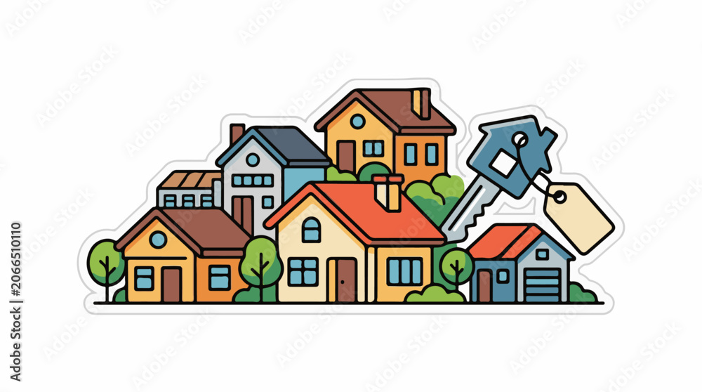 Fototapeta premium Colorful illustration of a neighborhood with houses and a key